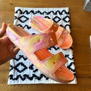CROCS two strap marbles Pink Orange Slide Sandals womens shoe size 9